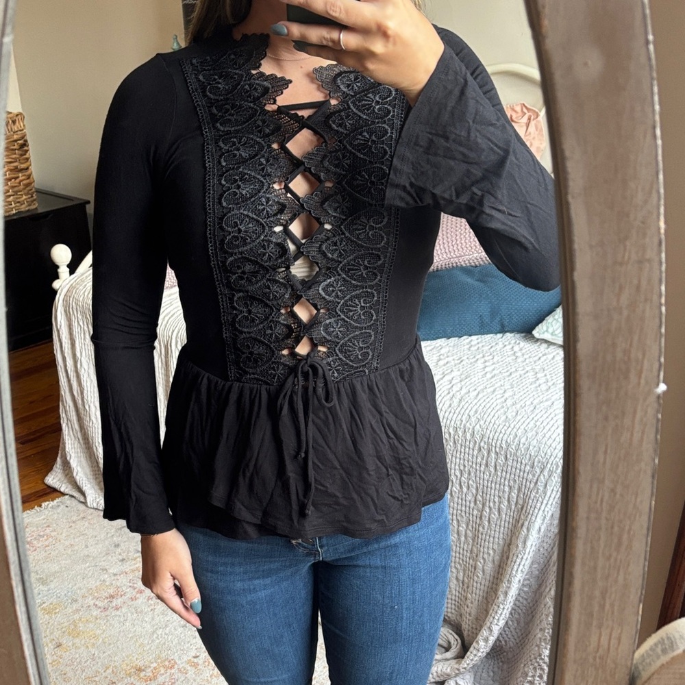 VENUS Black Lace-Up Blouse